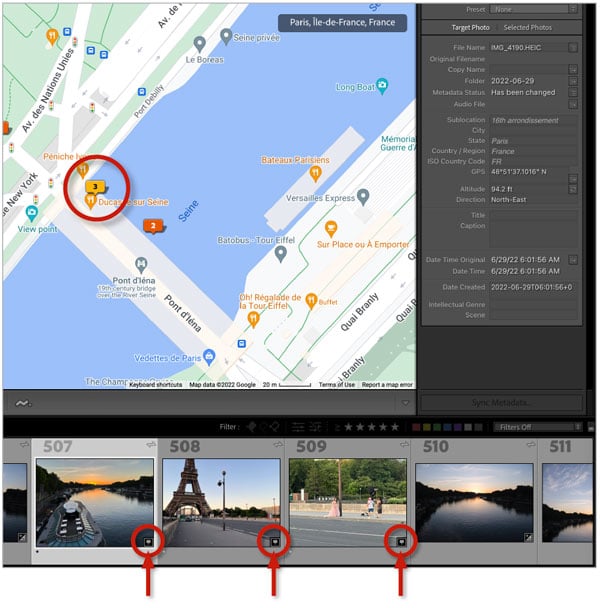 Pin icons on the Lightroom Filmstrip indicate that the images include GPS metadata.