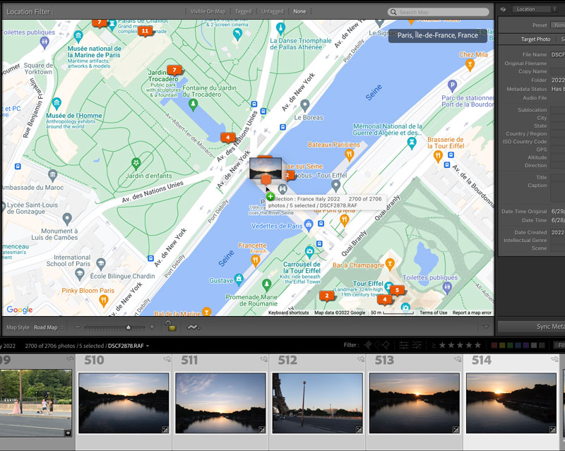 Drag photos from the Filmstrip to a location on the map.
