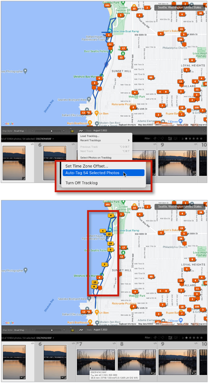 With a tracklog loaded, Lightroom Classic tags photos shot during the same timeframe based on their capture times.