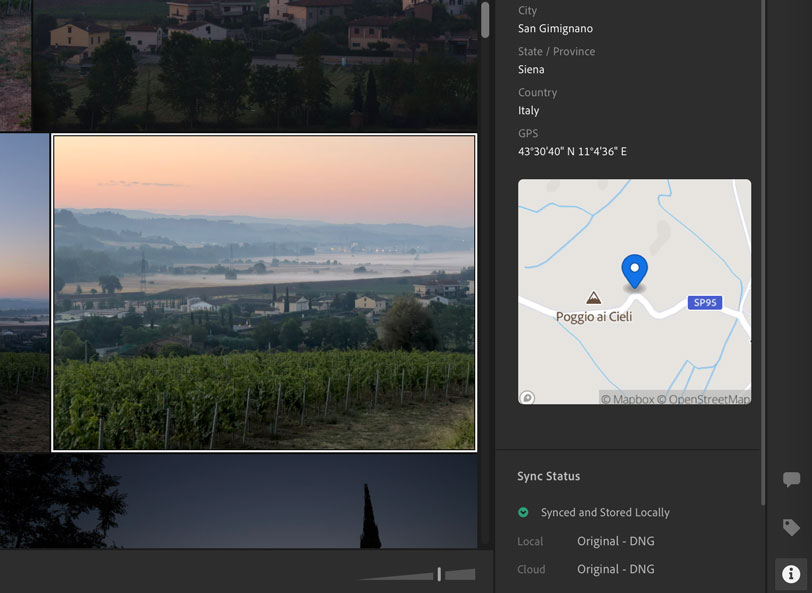 Lightroom desktop displays a small map in the Info panel for tagged photos.