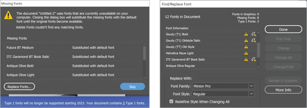 On left, the error message with missing fonts. Screen shot on right shows Find/Replace Font screen.
