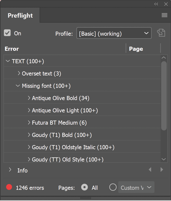 Preflight menu showing disclosure triangle with missing fonts in document.
