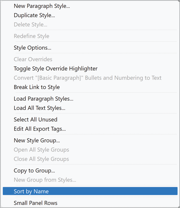 Paragraph styles menu with Sort by Name option highlighted