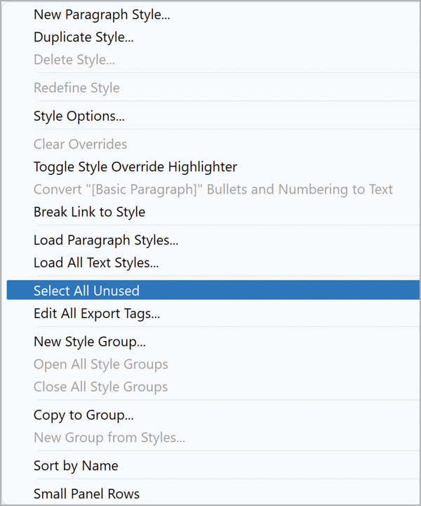 Paragraph Styles menu with Select All Unused highlighted.