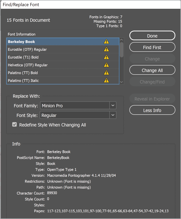Find/Replace dialog box with multiple missing fonts indicated