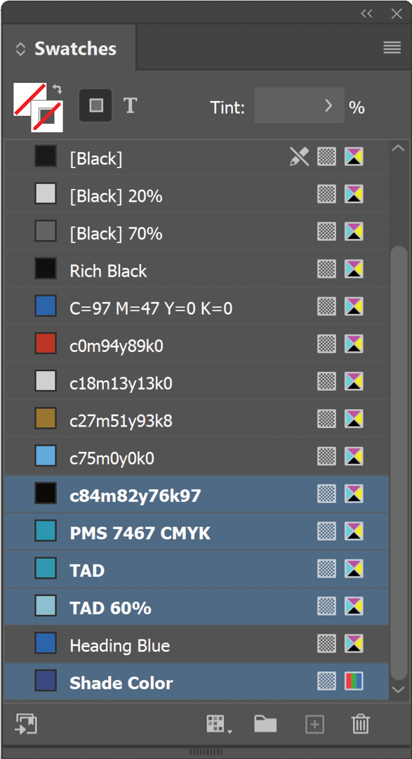 Swatches panel with unused swatches highlighted