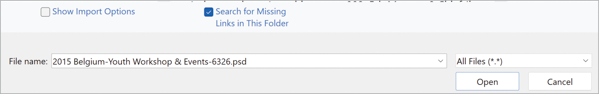 Relink dialog box from Links panel menu offers checkbox option at bottom of menu to Search for Missing Links in This Folder (selected)