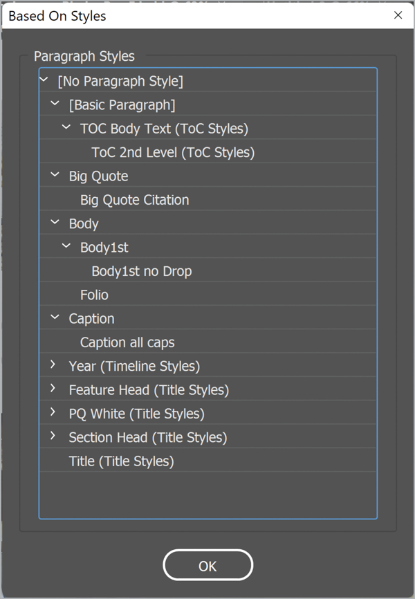 Window from Show Paragraph Based On script shows hierarchy of styles with disclosure triangles to show origin of style definitions