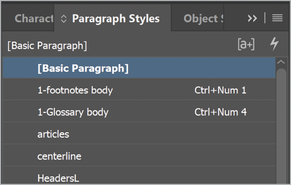 Paragraph styles menu with style override indicator at top right