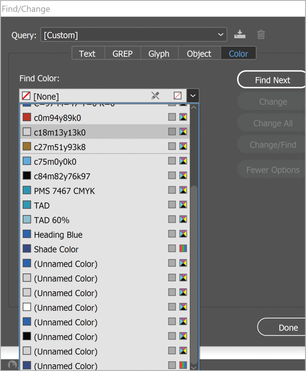 Find/Change dialog box with Color tab selected showing swatches in drop-down menu under Find
