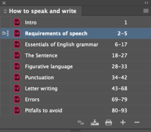 Book panel with individual iNDD files with synchronization icon at left of one document.