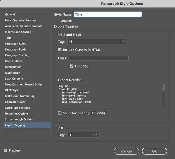 InDesign paragraph style options dialog box showing tag options
