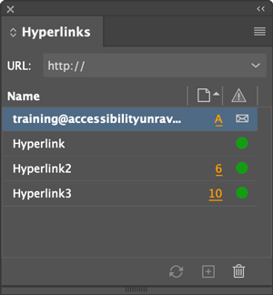 Hyperlinks panel in InDesign showing the status of hyperlinks