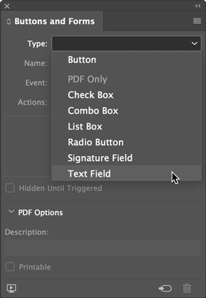 Buttons and Forms panel in InDesign