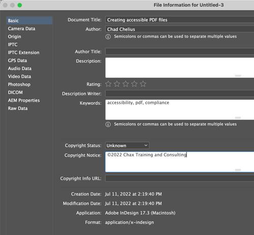 FIle Info dialog box in InDesign showing document metadata