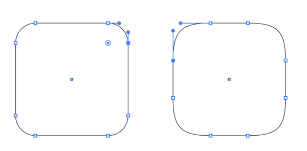 a comparison of regular rounded corners in Illustrator to a squircle