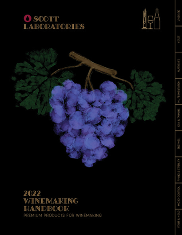 Cover of magazine-format publication for Scott Laboratories Winemaking Handbook shows bunch of red wine grapes on black background