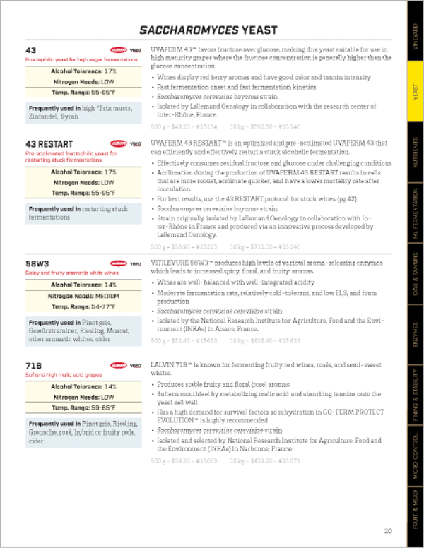 Page from wine supply handbook shows details of four strains of Saccharomyces yeast for winemaking