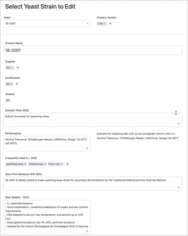 Airtable form shows fill-in-the-blanks format for entering data about a wine yeast strain