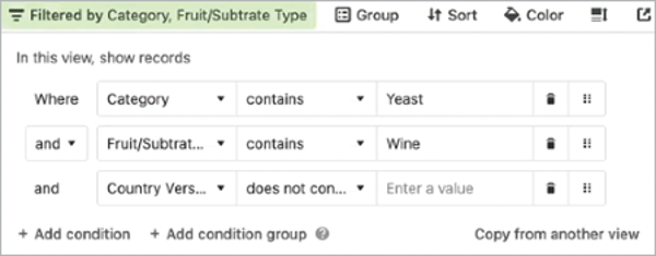 Airtable search shows a find query based on three parameters: Category contains yeast, fruit/substrate contains wine, Country version does not contain [parameter blank]