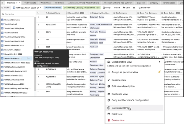Inset shows menu for exporting current view of the table