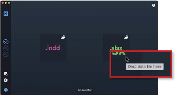 Interface for MyDataMerge with highlight of "drop data file here" tool tip instruction.