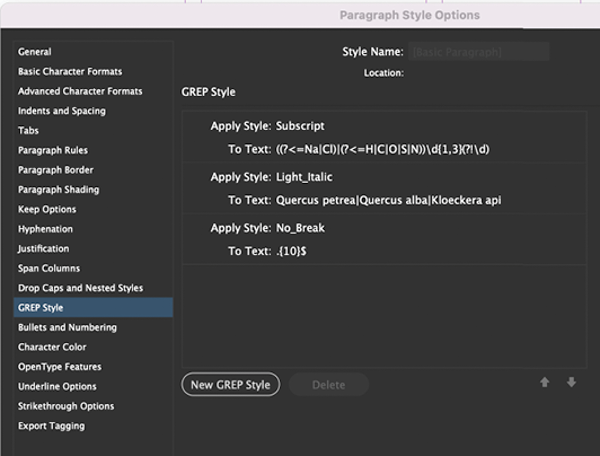 Screenshot of paragraph style definition shows GREP styles section and formatting for subscripts, italics, and no break characters.