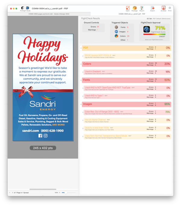 Screenshot of Preflight Mode enumerates problems with "Happy Holidays!" newspaper ad, listing flaws one by one