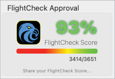 FlightCheck Approval window shows FlightCheck score as 93% with 3414 of 3641 criteria satisfied. Links to "Share your FlightCheck score" below.