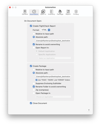 Screenshot of Preference pane for Automation and options for Document Open and packaging.