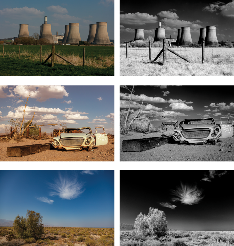 Comparative photos in color and infrared b/w of three desert scenes.