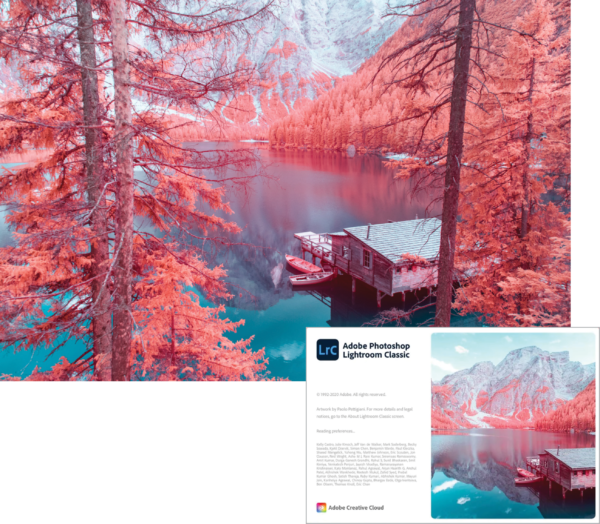 Photo of lakeside cabin (pink) and pine trees (coral) and aqua grass; inset is same photo as splash screen for Adobe Photoshop Lightroom Classic (2021)