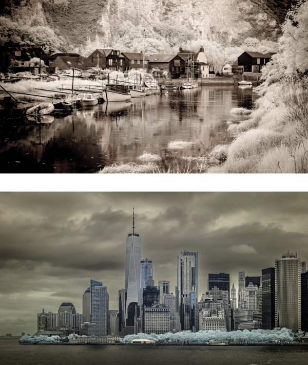 Top photo: lakeside homes/village with boats, with brown cast; bottom photo of New York City waterfront with olive cast and hint of cyan foliage on trees by river.