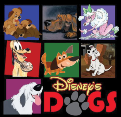 Book cover for Disney's Dogs features grid of seven dogs from company's animated cartoons and features