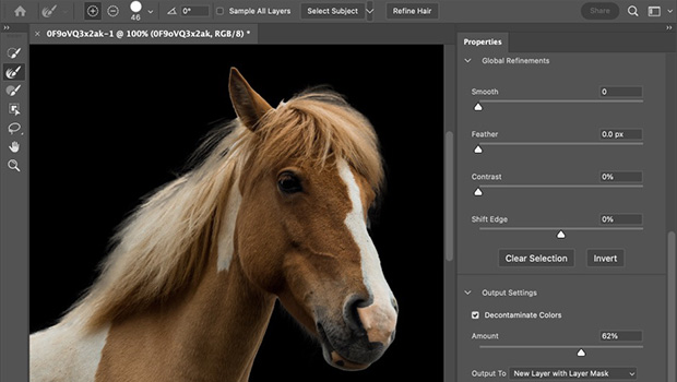isolating a horse with the Select Subject feature in Adobe Photoshop