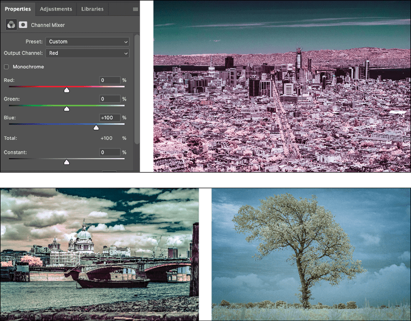Three photos with channel mixing to simulate infrared color photography: city aerial view, riverfront (St. Peter's Basilica, Rome?), tree against sky in wind
