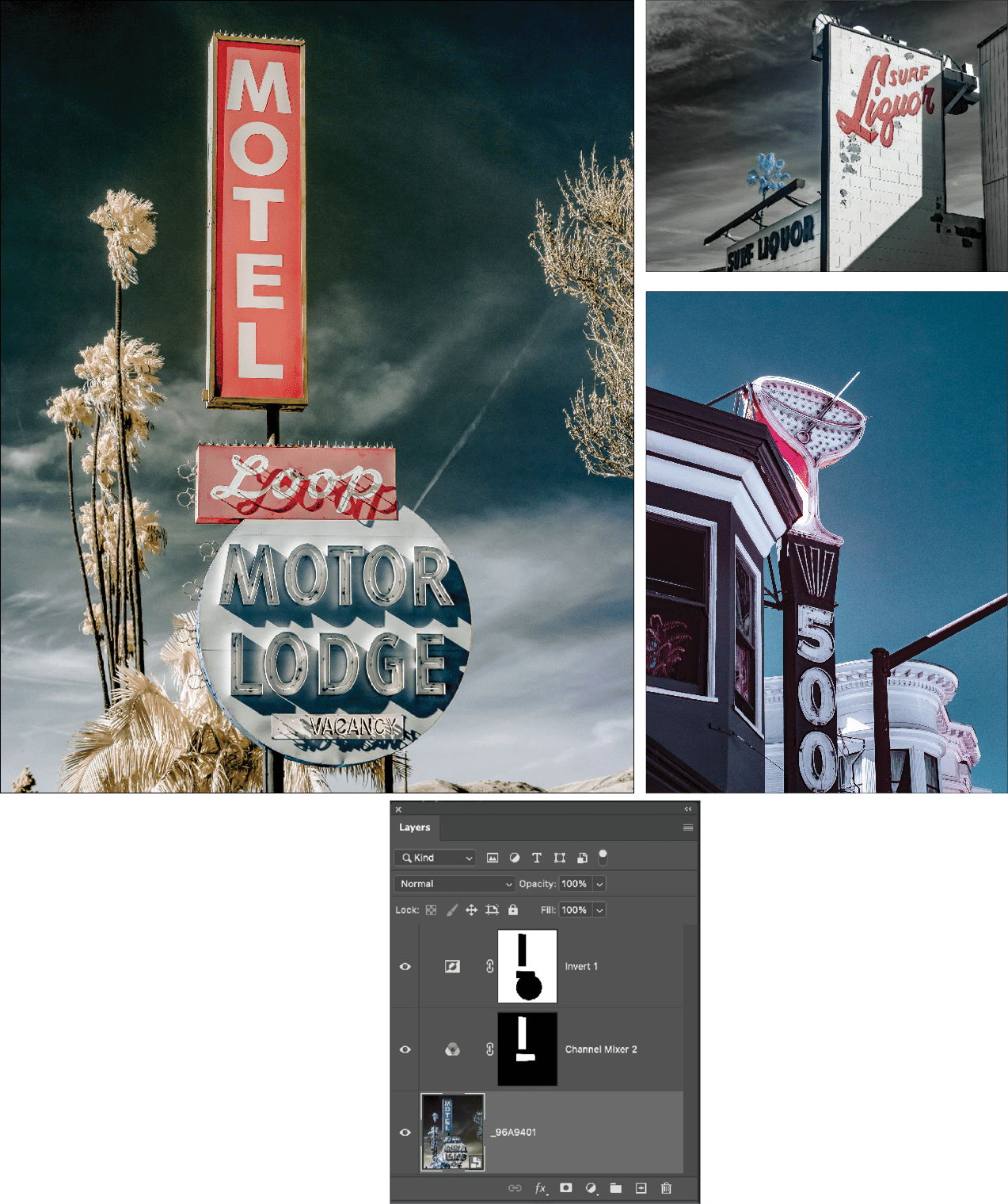 Effects on three photos of vintage signage for liquor store, motel, lounge, with screenshot of layers panel showing application of effect