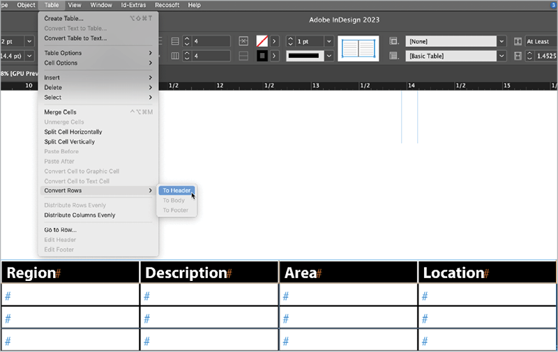 Converting a selected table row to a header in InDesign