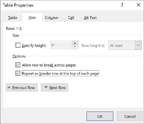 Specifying more than one row as a header in the Table Properties dialog box in Microsoft Word