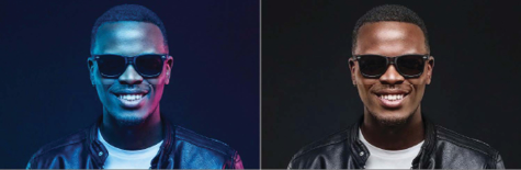 Before and after photos of removing a color cast from photo of a man using the Colorize neural filter in Adobe Photoshop