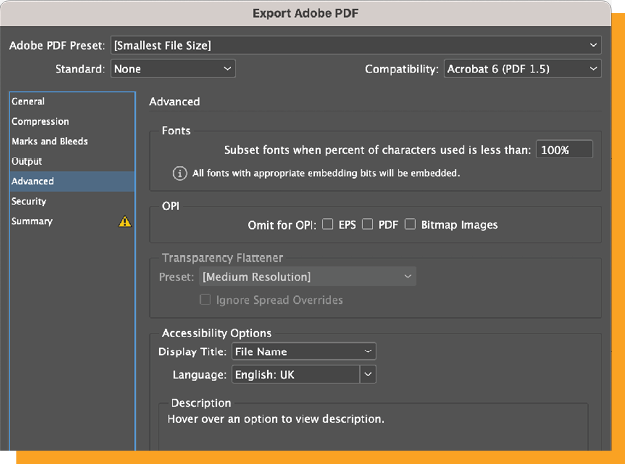Setting a language for the export to PDF under the Advanced tab in Adobe InDesign