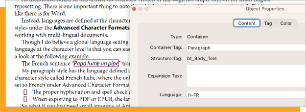 The tags structure in Adobe Acrobat shows which language is assigned to content.