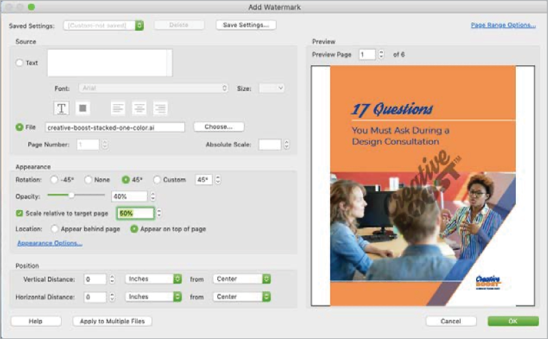 Watermarking PDFs using plain text and an image in Adobe Acrobat