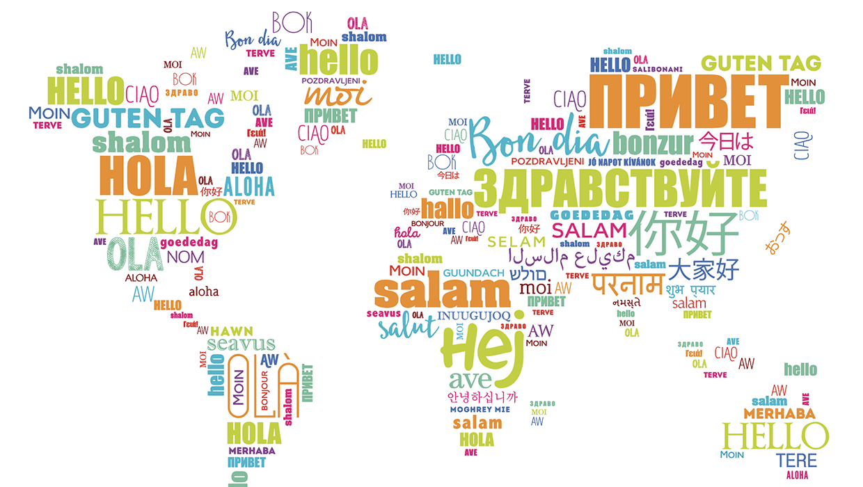 a map of of the world with each country represented by a greeting in the language spoken there