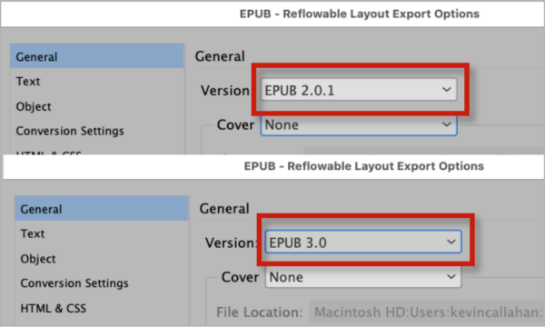 Default options of one screen shot shows Version "EPUB 2.0.1" and the other version, "EPUB 3.0"