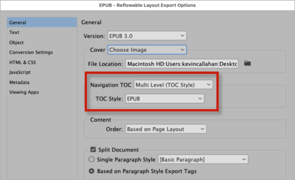 Highlighted commands in screenshot of EPUB dialog box: Navigation TOC, set to "Multi Level, TOC style" and TOC style set to "pub"