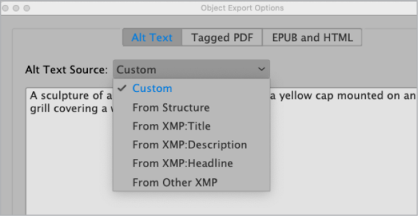 Object Export Options dialog box. Alt text panel. Alt text source: custom.
