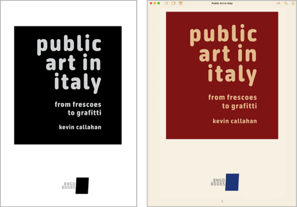 Left: title page of print book "public art in Italy" in black ink only. Right: title page for same book in ebook format uses title page design in red.