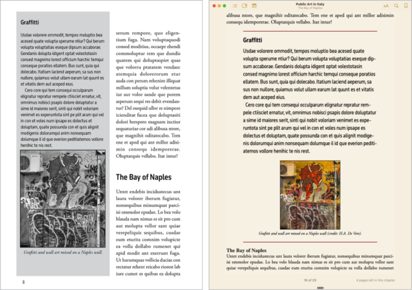 Left: page from print book in black and white; sidebar with image of graffiti and wall art. Right: sidebar is inline with main text and graffiti image is in color.