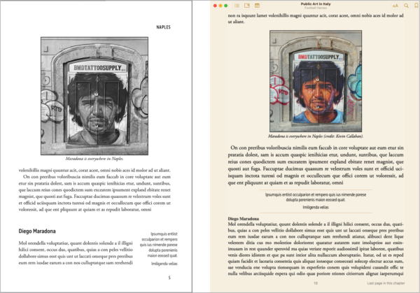 Left: in print book text wraps around block quote. Right: quote element runs inline after paragraph break. Photo of Maradona on both pages but reproduced in color in ebook.